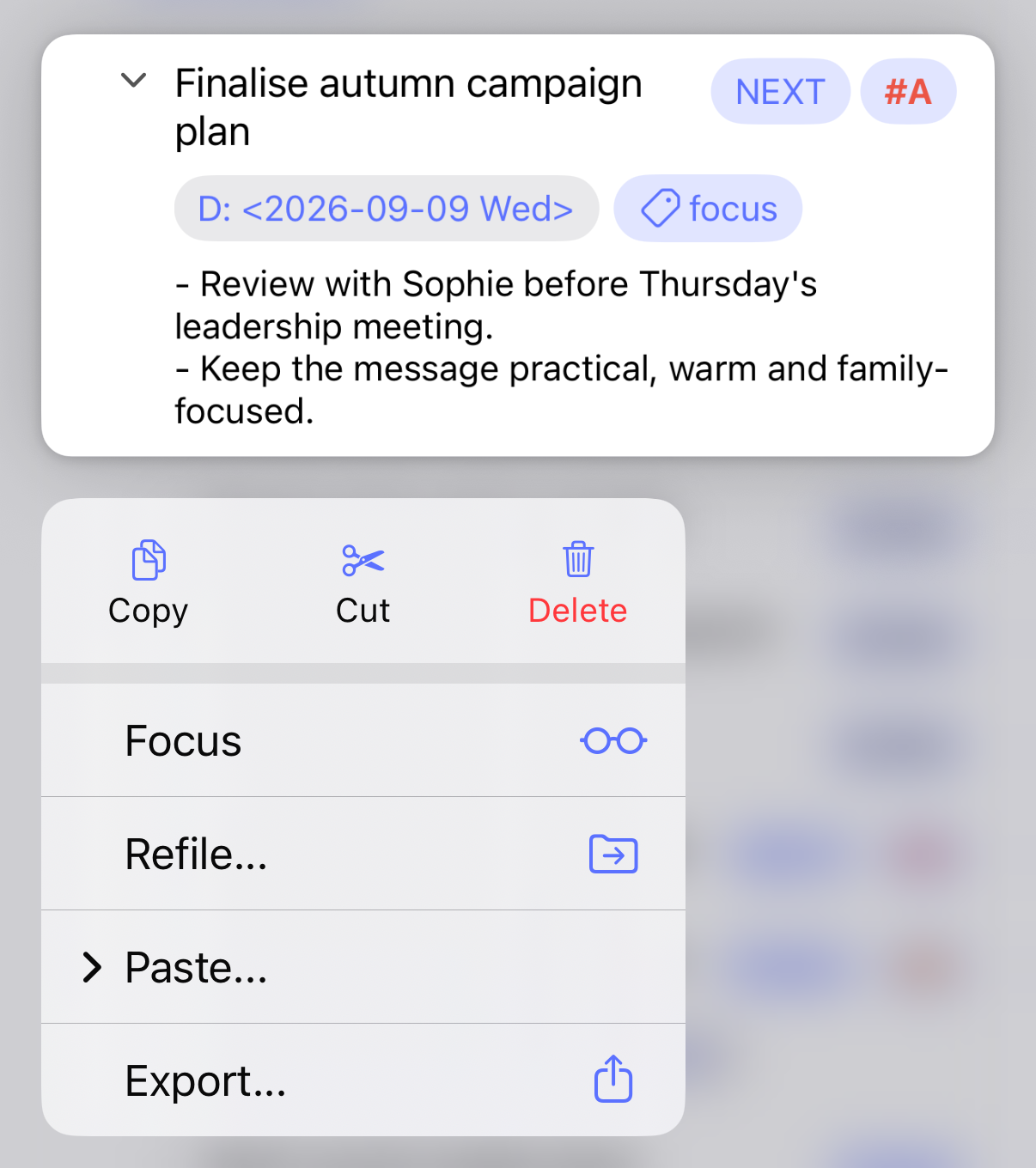 The headline menu with the Focus option