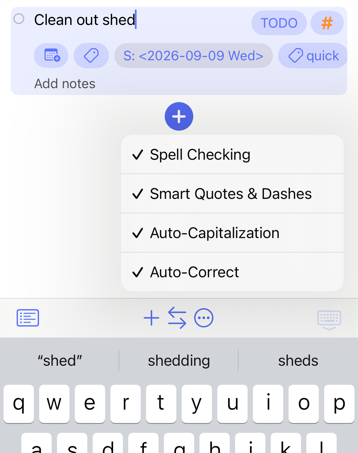 The keyboard menu with typing and spell-checking options