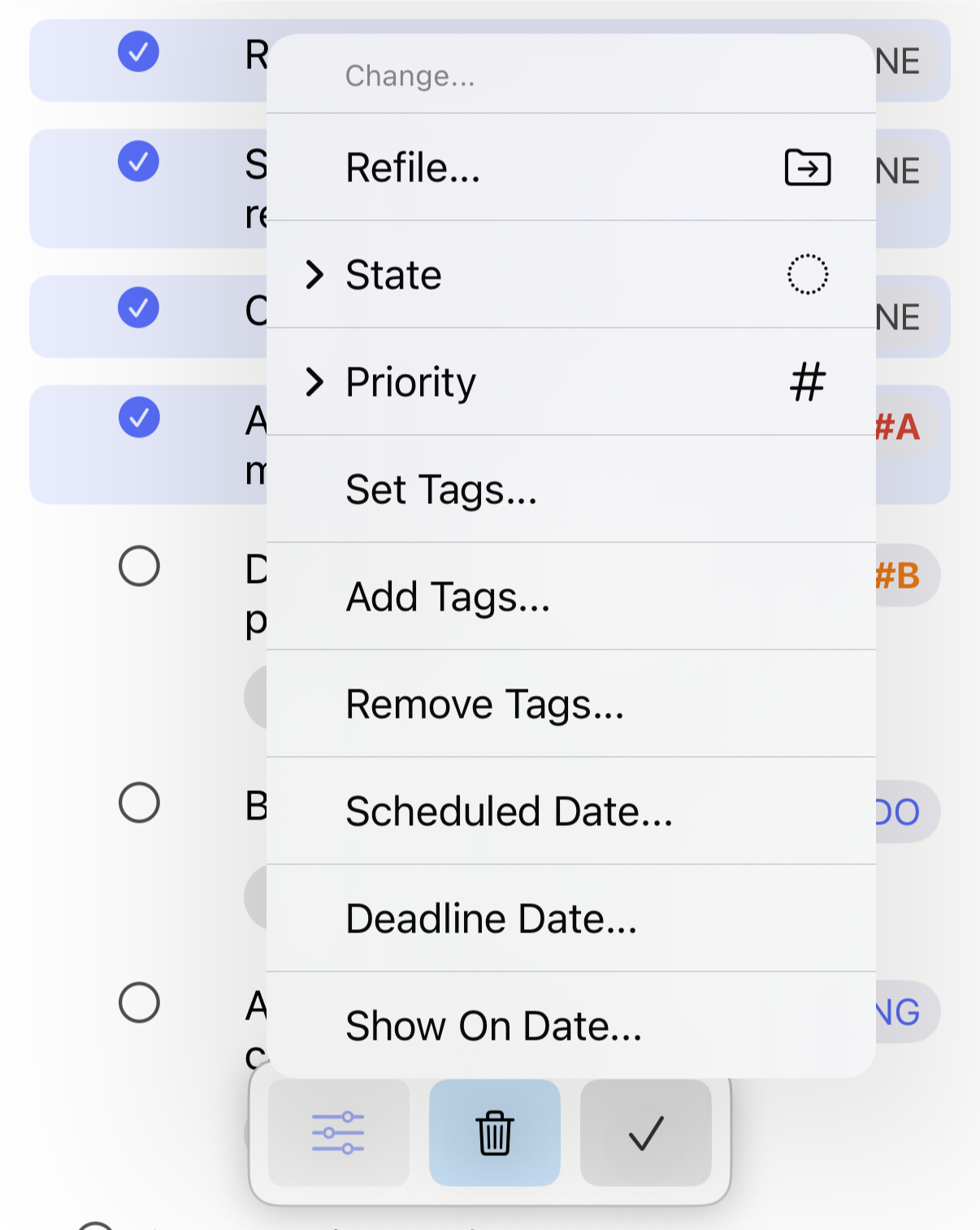 The menu for applying changes to selected outline items