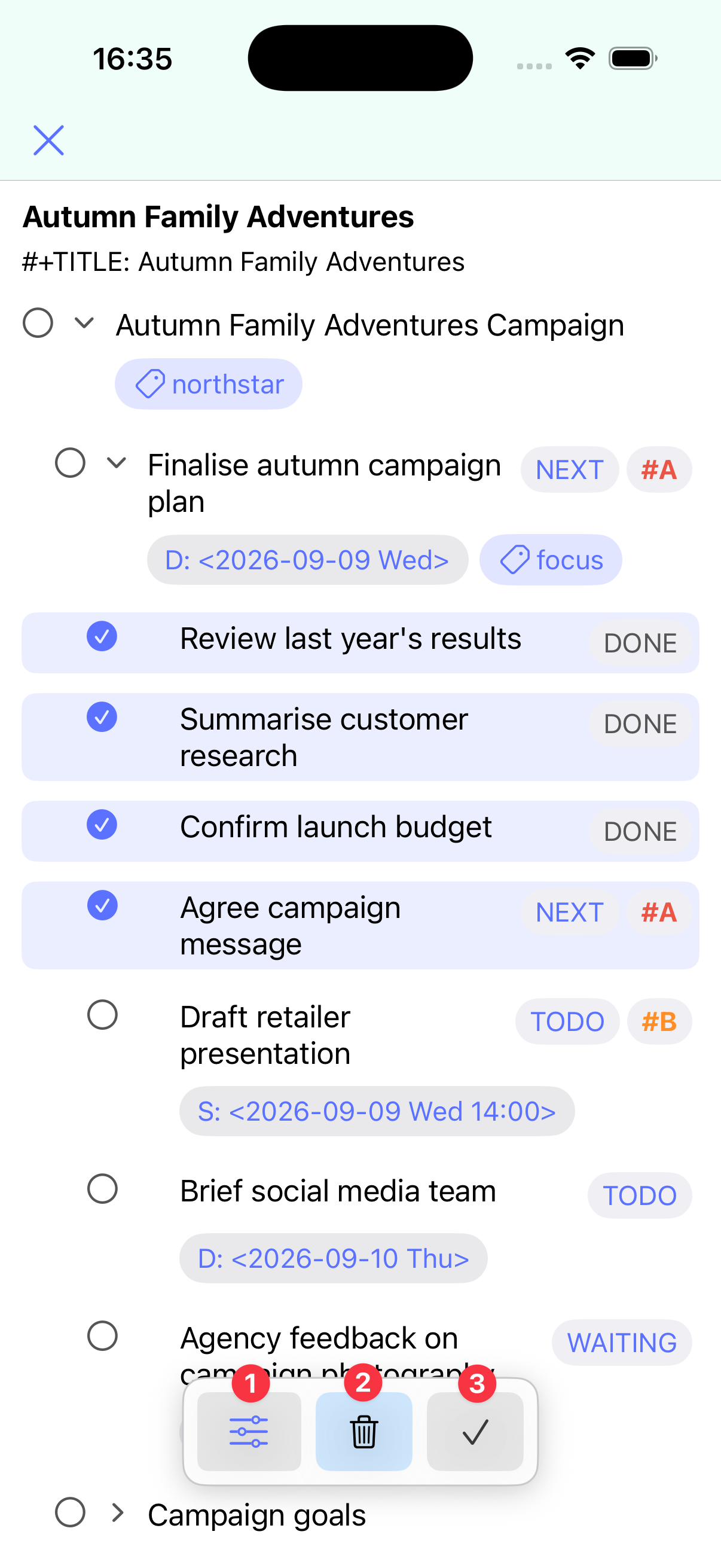 Selection mode with multiple outline items selected